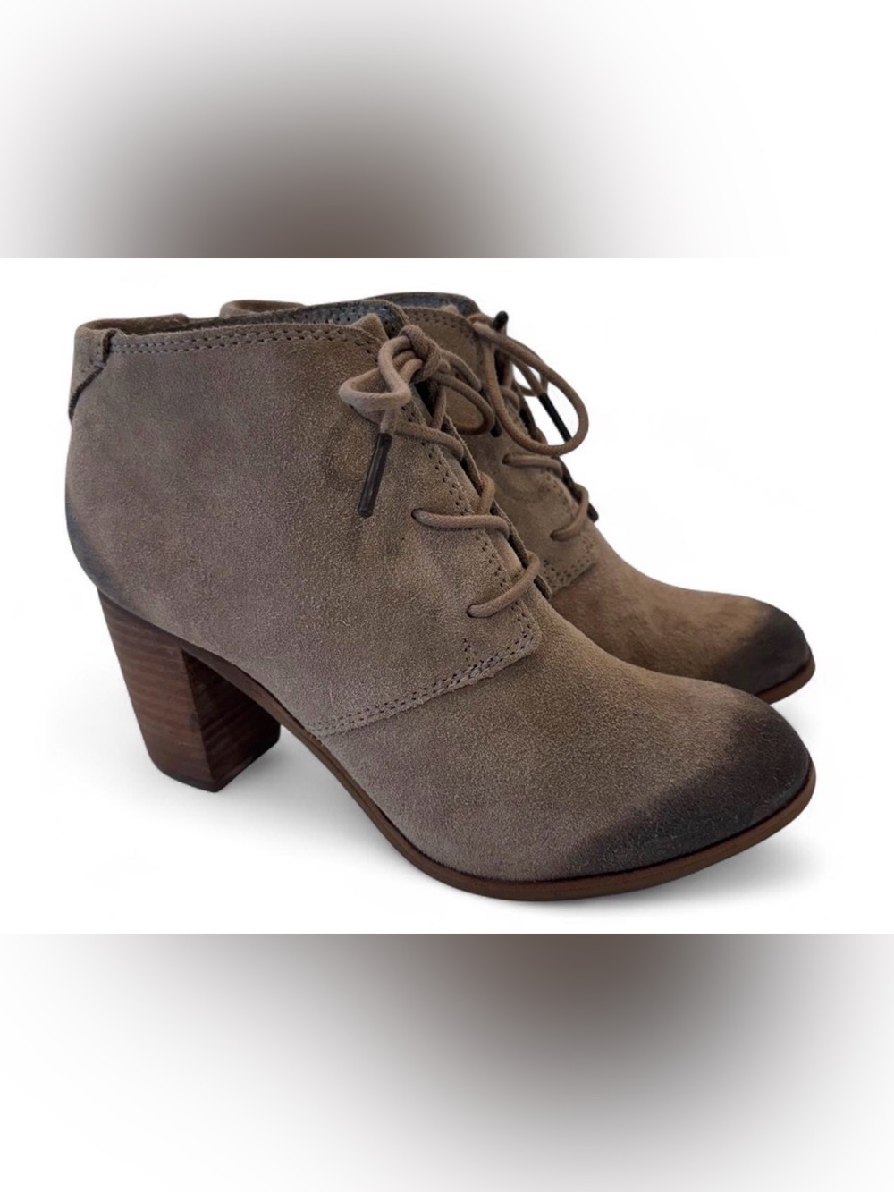 TOMS Lunata Taupe Suede Lace Up Block Heel Booties Size 7